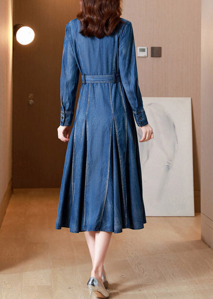 Blue V Neck Print Button Sashes Silk Denim Maxi Dresses Long Sleeve