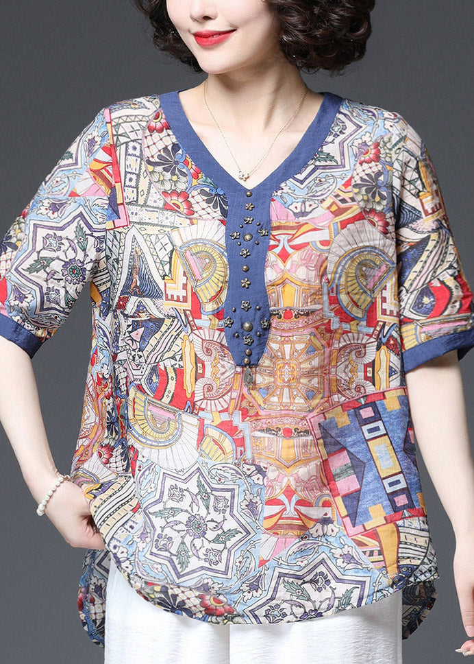 Blue V Neck Print Cotton Shirts Short Sleeve