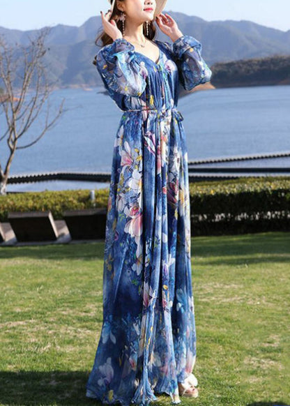 Blue V Neck Print Tie Waist Chiffon Long Dress Long Sleeve