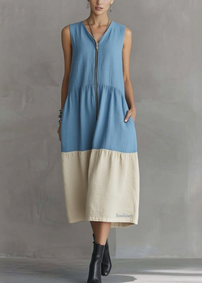 Blue Vacation Maxi Dresses Zippered Patchwork Summer