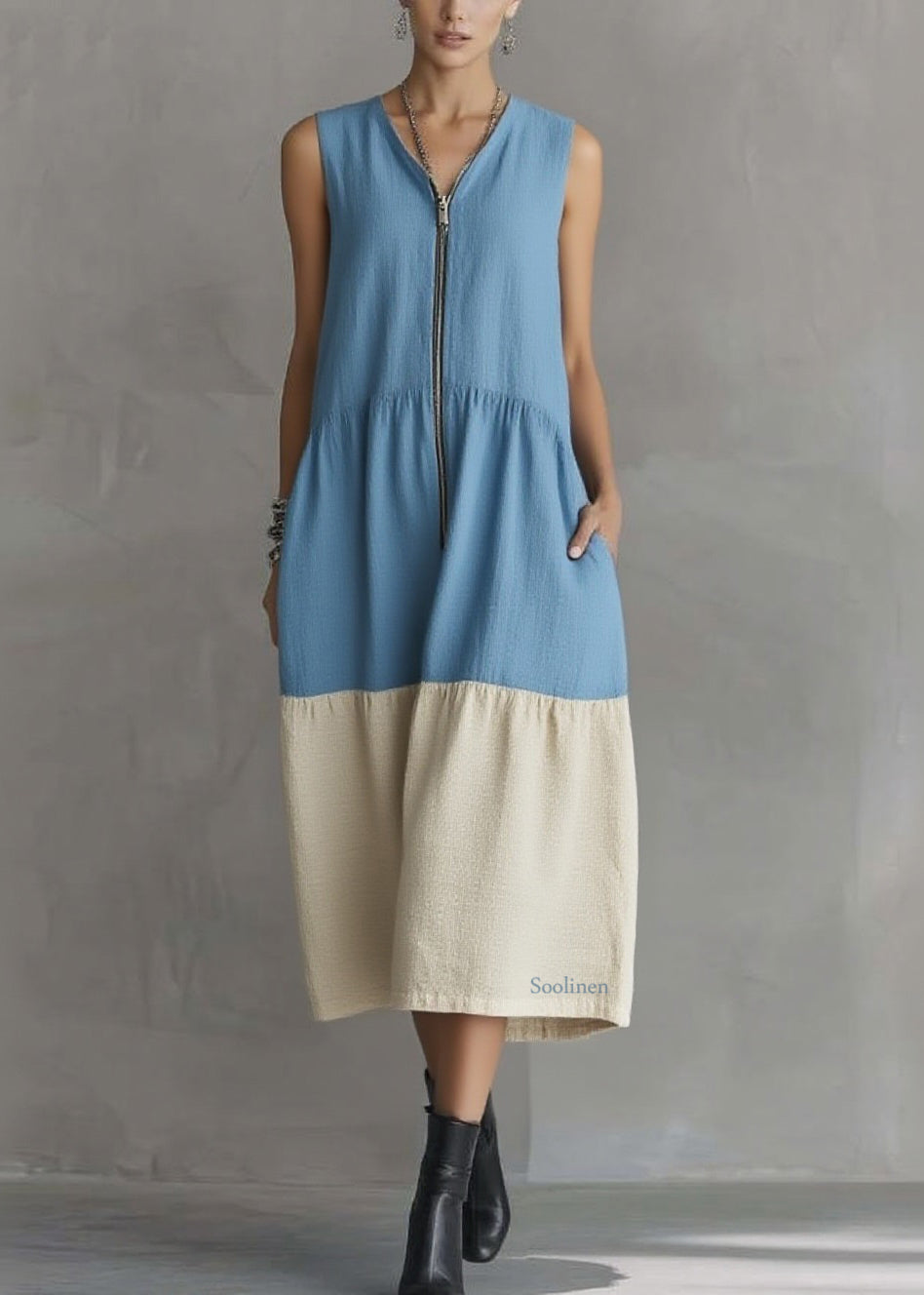 Blue Vacation Maxi Dresses Zippered Patchwork Summer