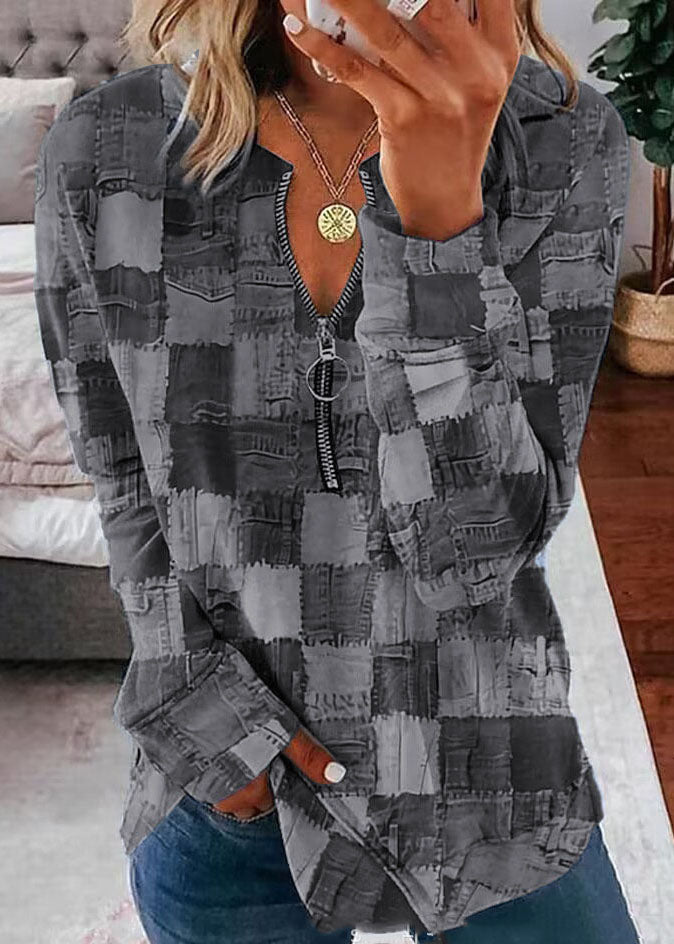 Blue Zip Up Print Patchwork Cotton Blouses Long Sleeve