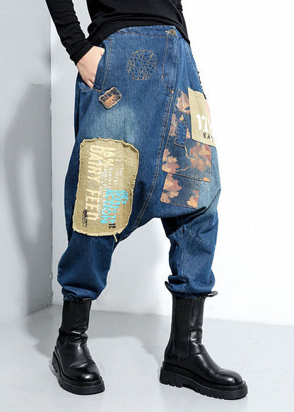 Blue Pockets Patchwork Harem Pants Spring
