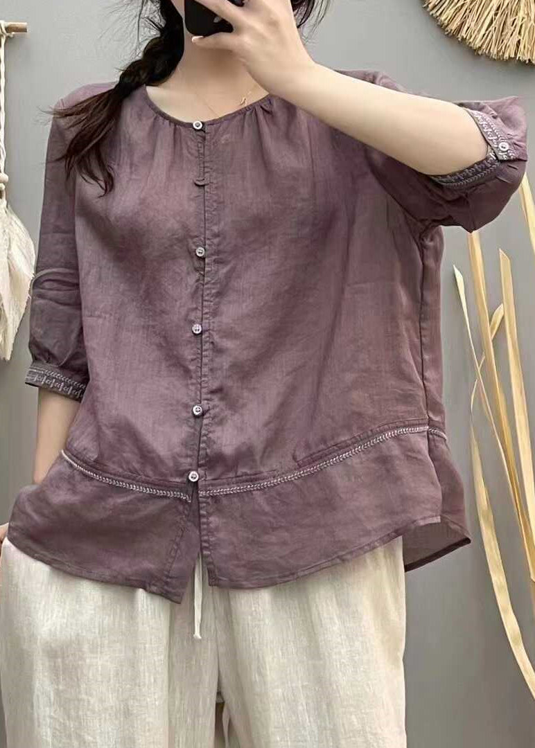Brick Red Embroidered Patchwork Cotton Blouse Tops Summer