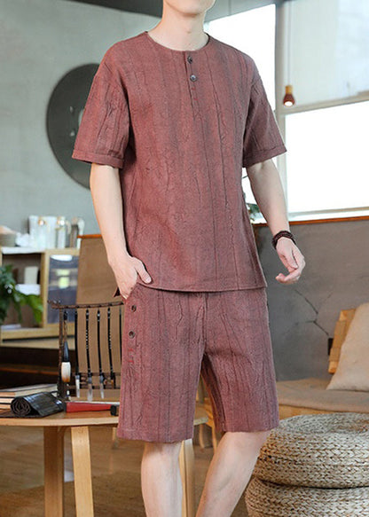 Brick Red Striped T Shirt and Shorts Two Pieces Set Summer