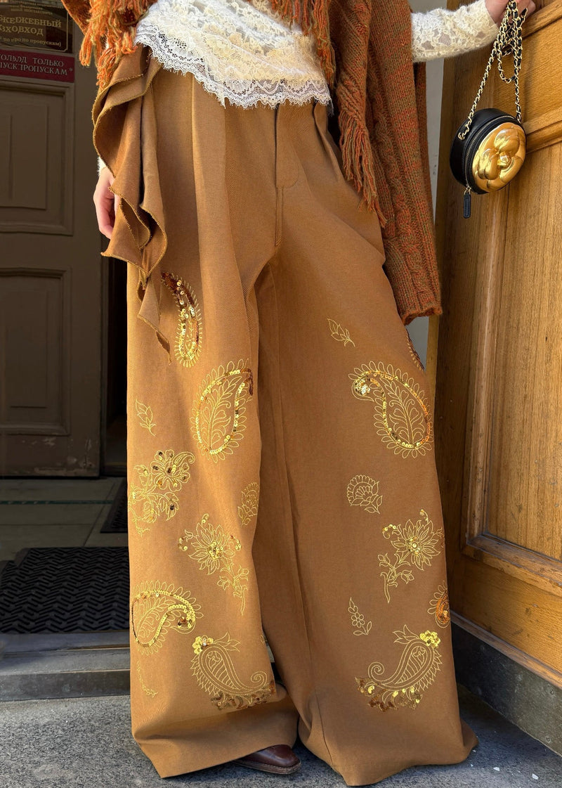 Brown Embroidered Asymmetrical Sequins Wide Leg Pants Spring