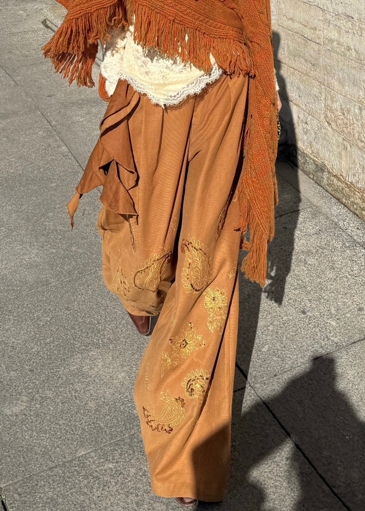 Brown Embroidered Asymmetrical Sequins Wide Leg Pants Spring