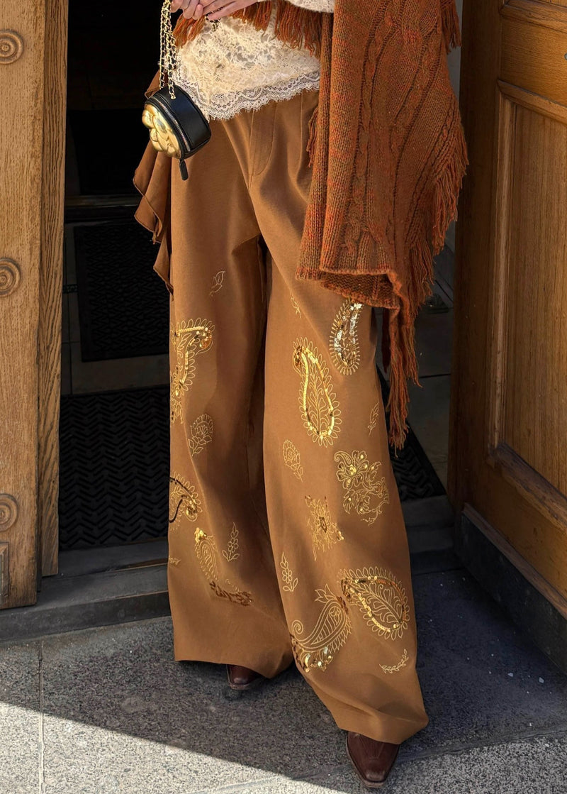 Brown Embroidered Asymmetrical Sequins Wide Leg Pants Spring
