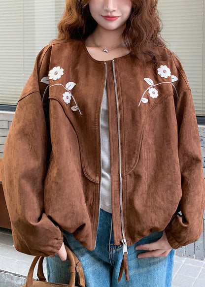 Brown Embroidered Faux Suede Jacket Spring
