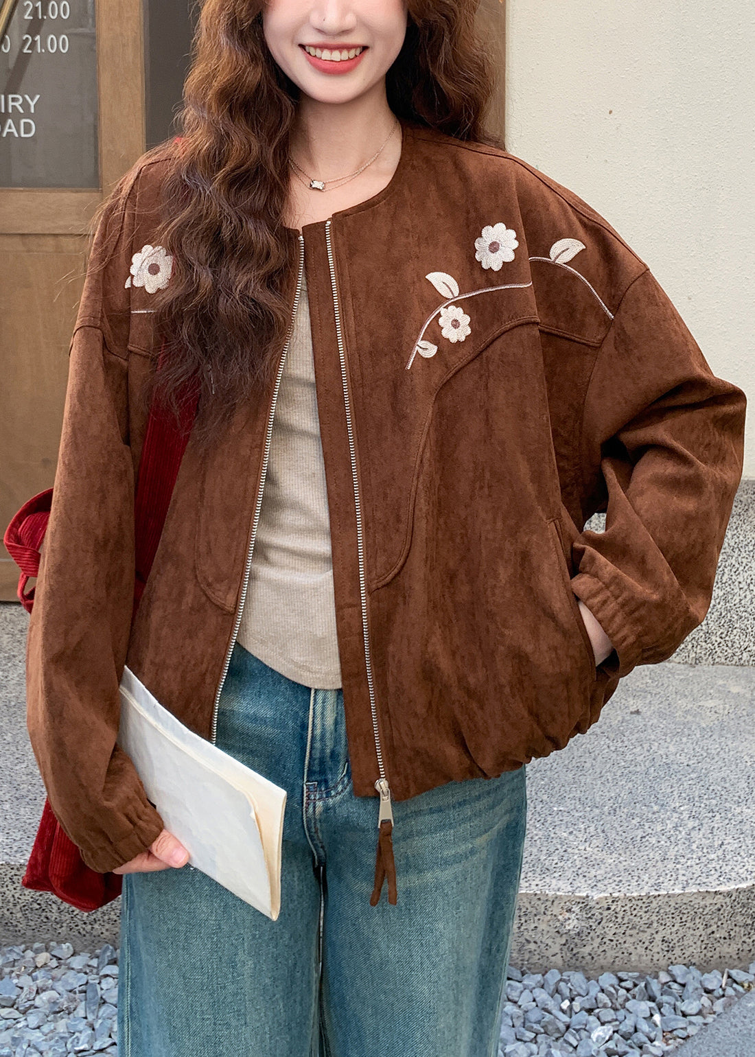 Brown Embroidered Faux Suede Jacket Spring