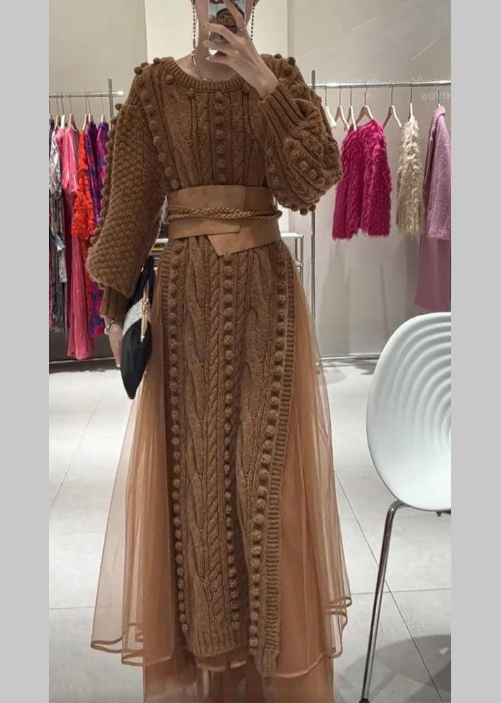 Brown O-neck Tie Waist Tulle Patchwork Knit Long Dress Fall