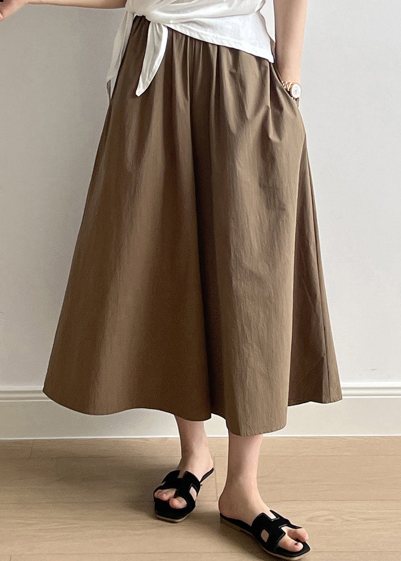 Brown Pockets Elastic Waist Cotton Crop Wide Leg Pants Summer