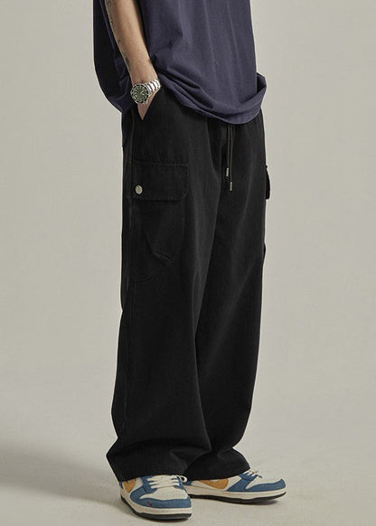 Brown Pockets Elastic Waist Cotton Pants Summer