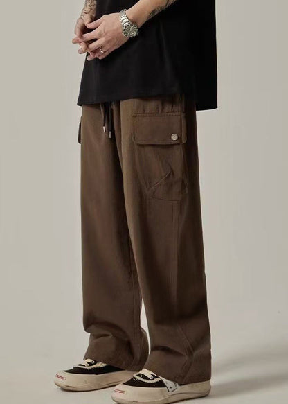 Brown Pockets Elastic Waist Cotton Pants Summer