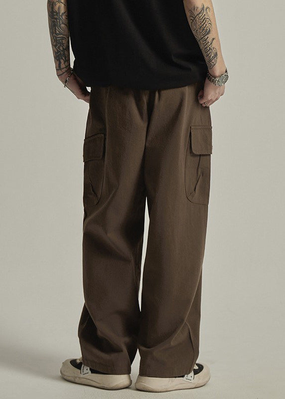Brown Pockets Elastic Waist Cotton Pants Summer