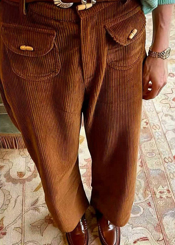 Brown Pockets High Waist Corduroy Pants Spring