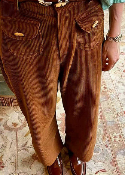 Brown Pockets High Waist Corduroy Pants Spring