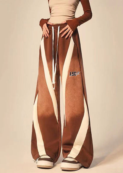 Brown Pockets Patchwork Elastic Waist Warm Fleece Wide Leg Pants Spring