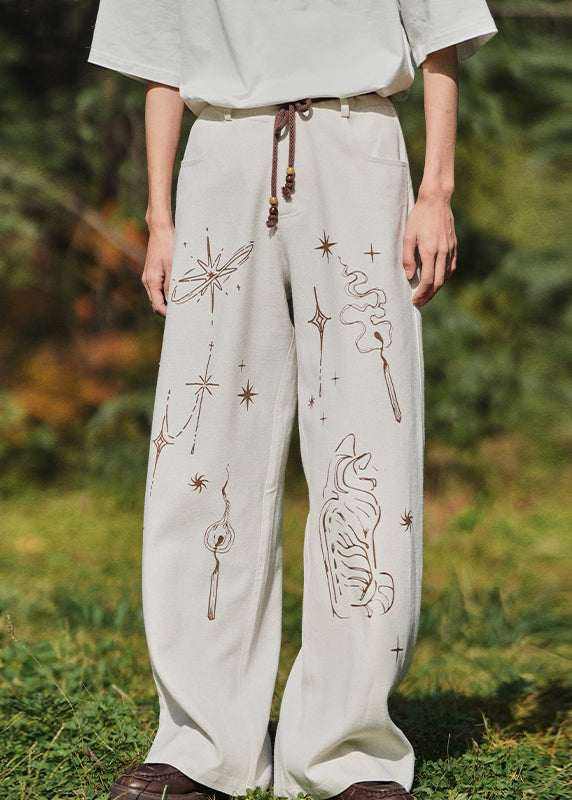 Brown Print Lace Up High Waist Cotton Pants Summer