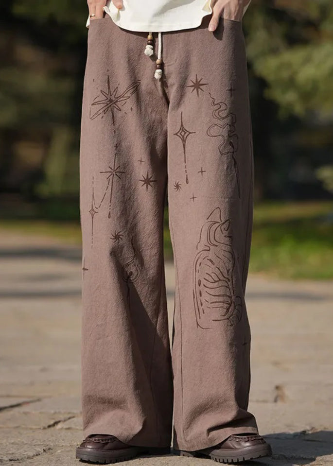 Brown Print Lace Up High Waist Cotton Pants Summer