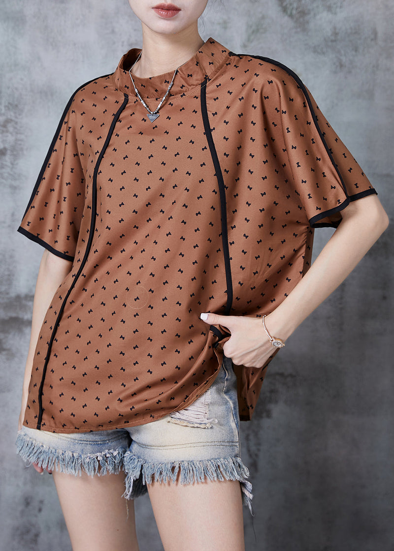 Brown Stand Collar Print Cotton Tanks Summer