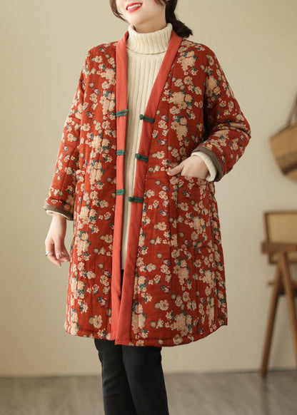 Brown V Neck Print Warm Fleece Thick Long Parka Long Sleeve