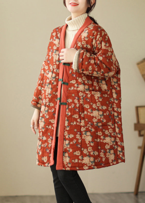 Brown V Neck Print Warm Fleece Thick Long Parka Long Sleeve