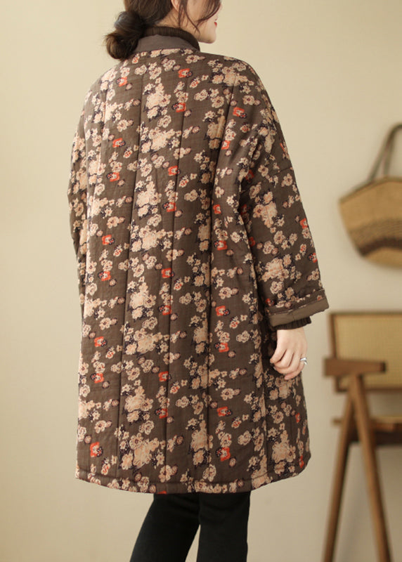 Brown V Neck Print Warm Fleece Thick Long Parka Long Sleeve