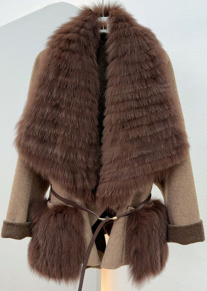 Caramel Fox Collar Tie Waist Woolen Coats Spring