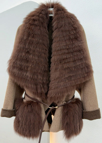 Caramel Fox Collar Tie Waist Woolen Coats Spring