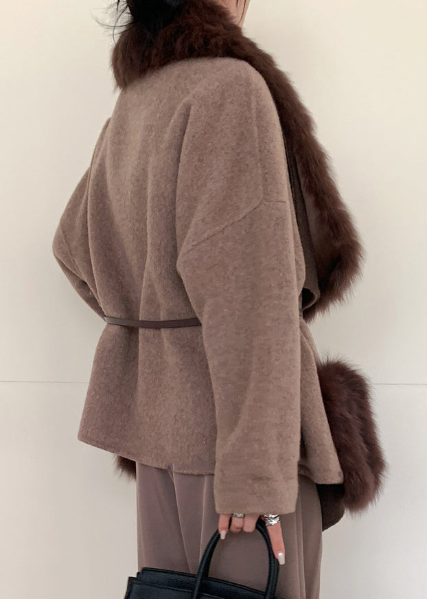 Caramel Fox Collar Tie Waist Woolen Coats Spring