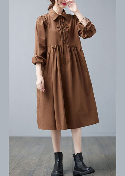 Caramel Peter Pan Collar Patchwork Button Fall Vacation Dresses Long Sleeve