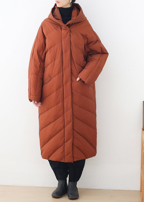 Caramel Zippered Button Pockets Hooded Down Coat Long Sleeve