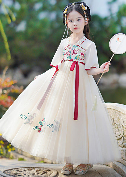 Champagne V Neck Embroideried Patchwork Tie Waist Tulle Long Dresses Summer
