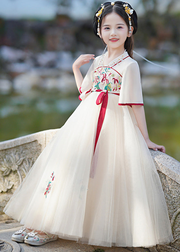 Champagne V Neck Embroideried Patchwork Tie Waist Tulle Long Dresses Summer