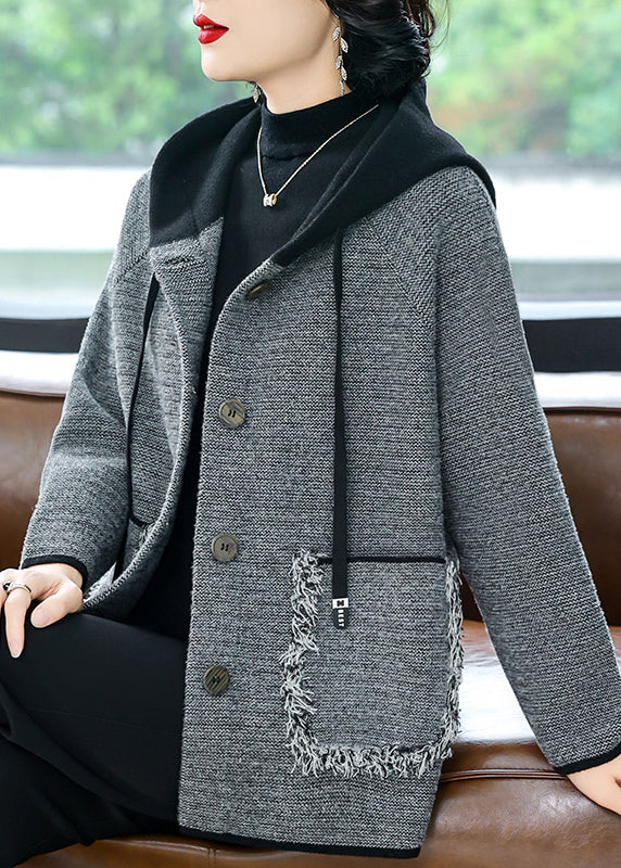 Coffee Drawstring Button Hooded Woolen Hooded Coats Fall