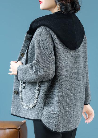 Coffee Drawstring Button Hooded Woolen Hooded Coats Fall