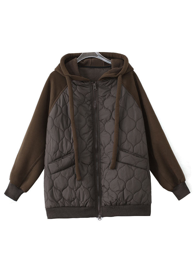 Chocolate Hooded Drawstring Patchwork Fine Cotton Filled Witner Coat