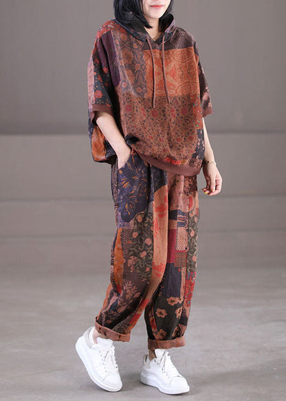 Chocolate Hooded Drawstring Print Linen Tops and Pants Two Pieces Set Summer