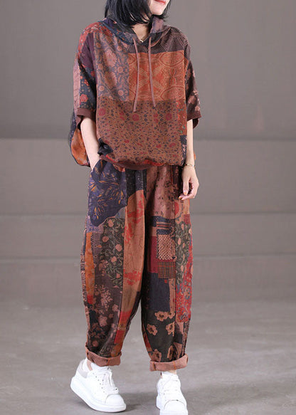 Chocolate Hooded Drawstring Print Linen Tops and Pants Two Pieces Set Summer
