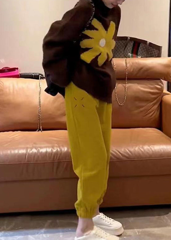 Coffee O Neck Knit Sweaters and Yellow Pants Two Pieces Set Fall