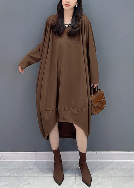 Coffee O Neck Low High Design Patchwork Cotton Dresses Fall