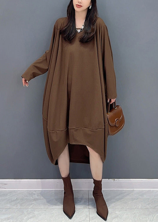 Coffee O Neck Low High Design Patchwork Cotton Dresses Fall