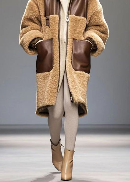 Coffee Oversized Patchwork Fleece Wool Trench Winter