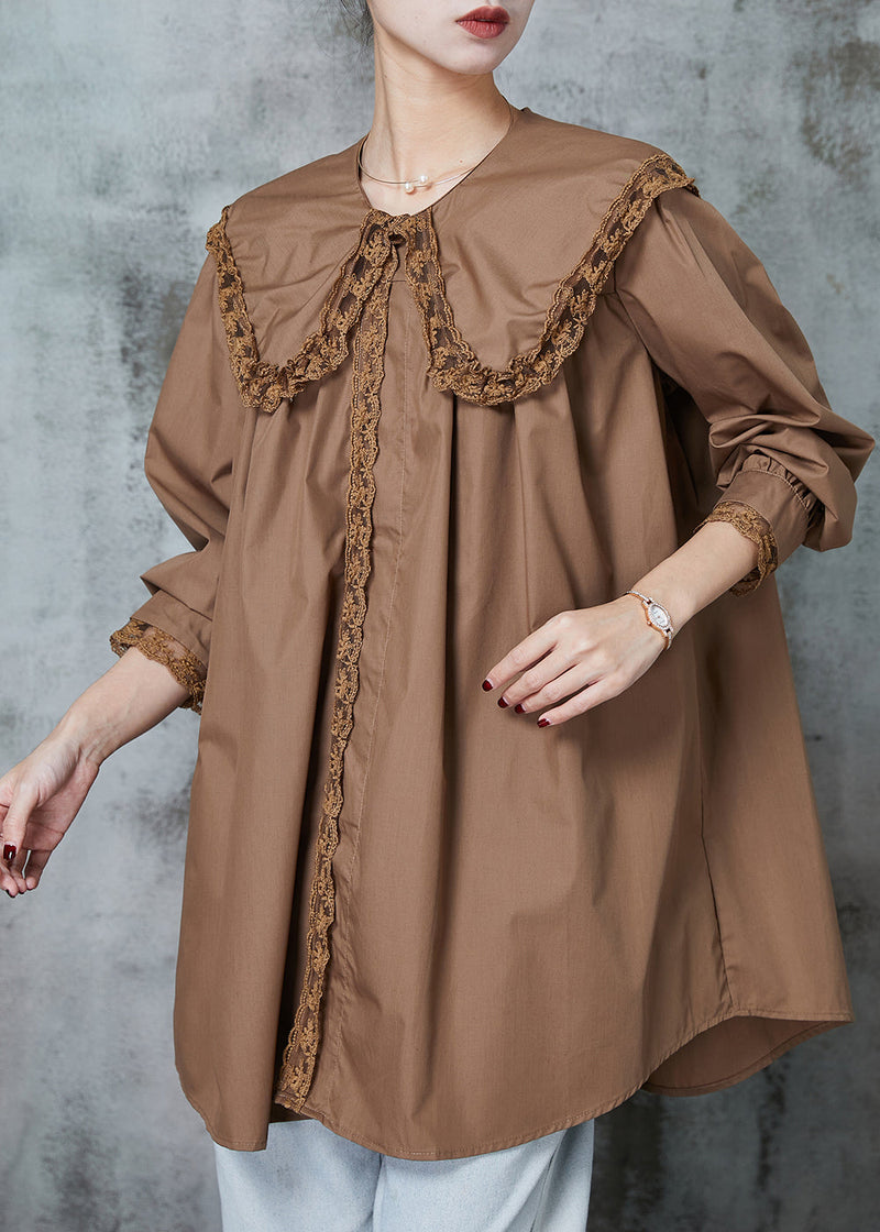 Coffee Peter Pan Collar Patchwork Lace Cotton Shirts Spring