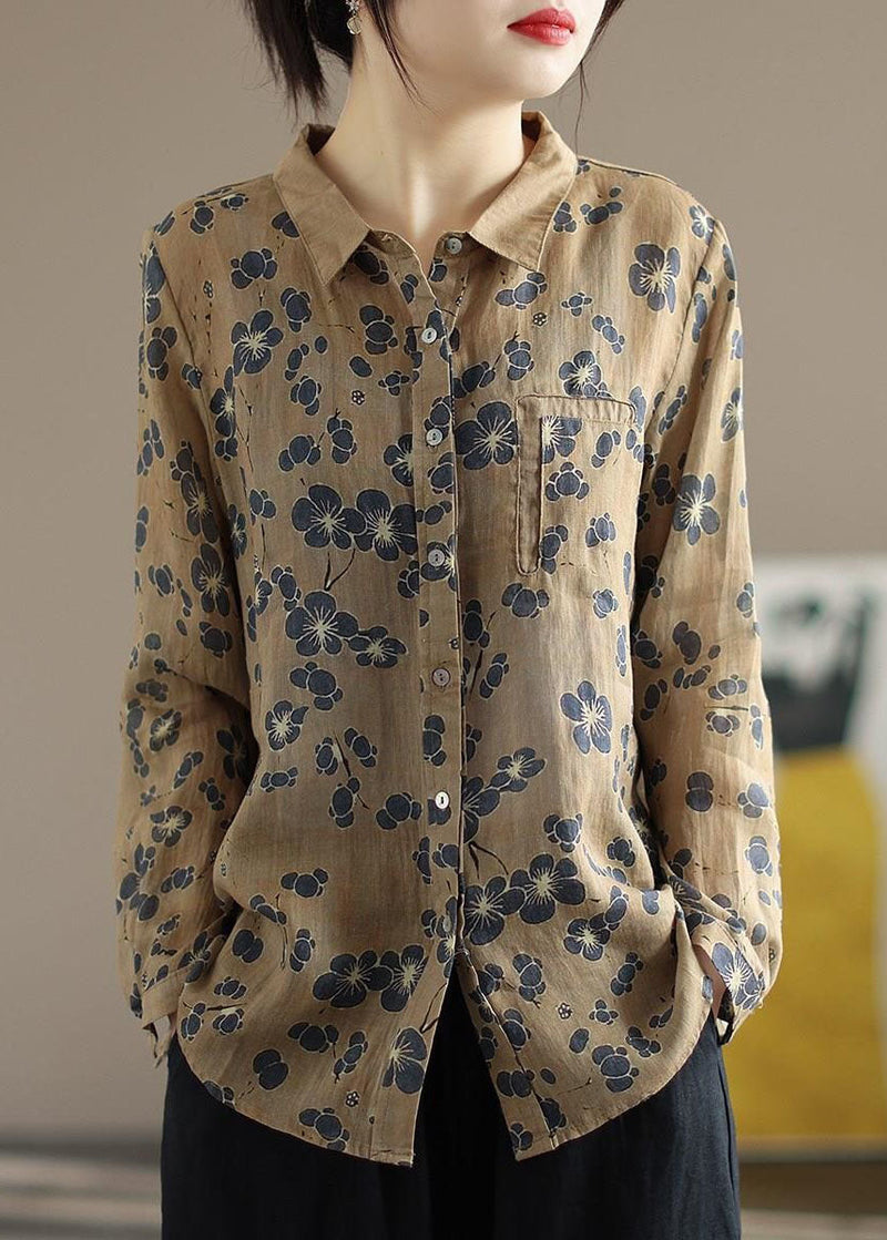 Coffee Peter Pan Collar Print Patchwork Linen Blouse Tops Long Sleeve