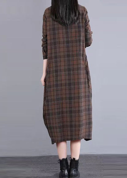 Coffee Plaid Patchwork Cotton Shirts Dress Fall