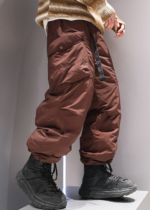 Coffee Pockets Elastic Waist Duck Down Pants Winter