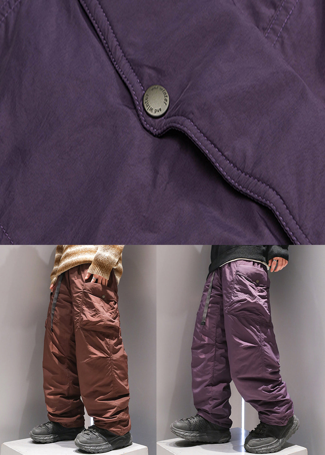 Coffee Pockets Elastic Waist Duck Down Pants Winter