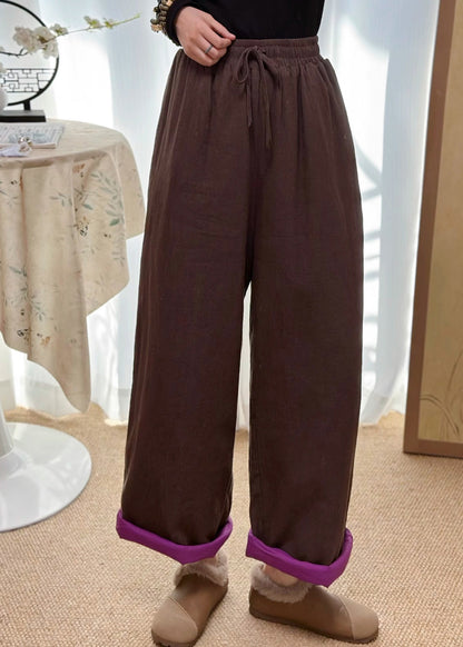 Coffee Pockets Elastic Waist Fine Cotton Filled Pants Winter